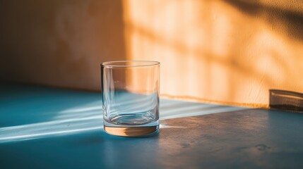 Minimalist Glass Set Against Bright Evening Sunlight and Vibrant Shadows