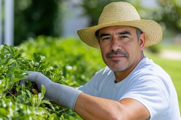 Latino gardener wearing a straw hat and gloves, carefully trimming lush green hedges on a sunny day, showcasing dedication and focus