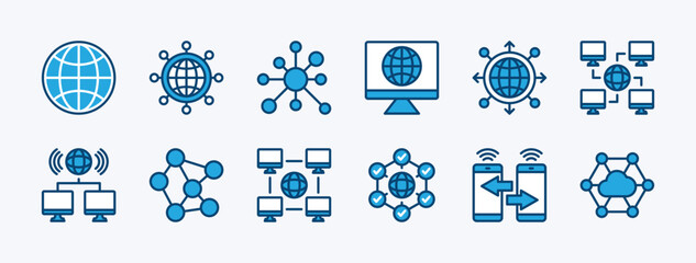 Set of network technology icon. Containing internet, computer, cyberspace, global connection, database, communication, server, cloud computing, device, digital, wireless. Vector illustration