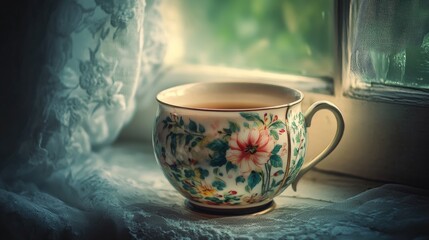 An elegant vintage tea cup, offering a sense of nostalgia and warmth in a peaceful setting.