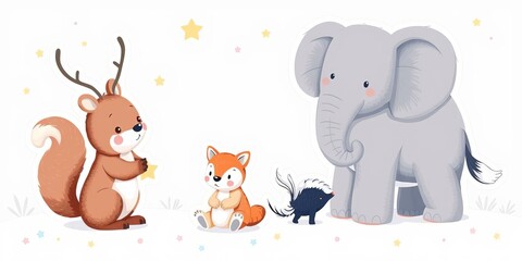 Pastel baby number sticker featuring a cute star elephant bear skunk squirrel fox reindeer narwhal, baby, squirrel, star