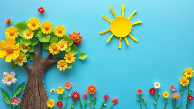 Paper cutout landscape scene with bright sun, fluffy clouds, and cheerful flowers, embodying creativity and playfulness, nature, imaginative, craft