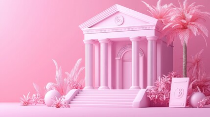 A pastel pink architectural structure surrounded by tropical plants and decorative elements, creating a dreamy and whimsical atmosphere.