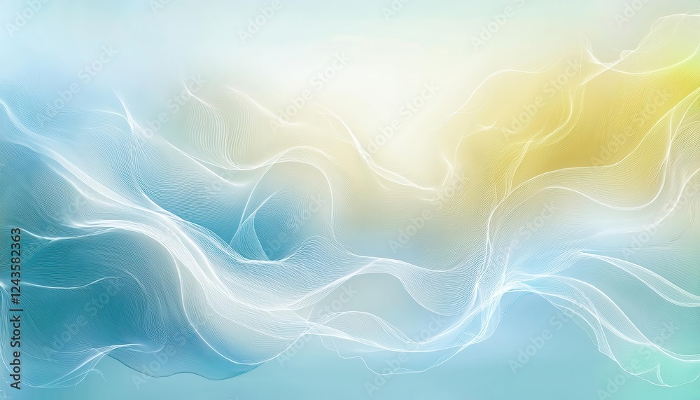 Poster ethereal flowing abstract waves with soft blue and golden hues, delicate line texture, perfect for b