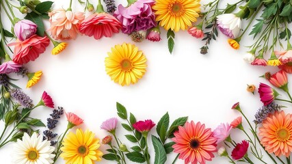 Obraz premium Pink and purple paper flowers and green plants on grey background, elegant, decoration, colorful