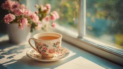 Elegant roses arranged next to vintage floral teacup on white table