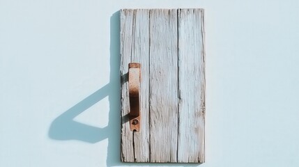 Rustic Wooden Door with Handle Casting Shadow on Light Background