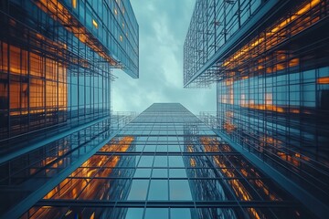 Modern Urban Architecture with Glass Skyscrapers Reflecting the Sky and Illuminated Windows in a Vibrant Cityscape
