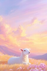 Fototapeta premium White lamb resting peacefully in a meadow filled with pink flowers, enjoying a beautiful sunset over the hills