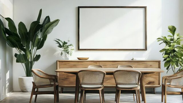 Morning sunlight illuminating minimalist dining room with wooden furniture