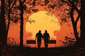 Two Silhouetted Figures Walking Together at Sunset in Park Scene