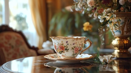 Vintage teacups placed on a rustic wooden table, offering a sense of nostalgia
