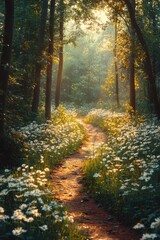 Obraz premium Serene Forest Pathway with Sunlit Daisies and Lush Greenery in a Tranquil Woodland Setting at Sunrise