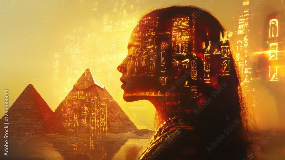 Poster surreal glowing woman with pyramids and ancient hieroglyphs in a mystical landscape at dusk