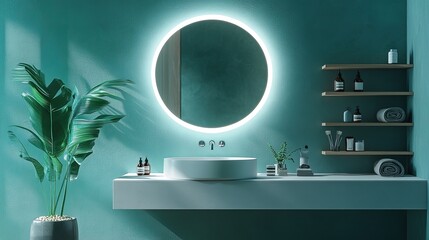 Stylish bathroom featuring a circular illuminated mirror, minimalist floating vanity, soft teal walls, and clean design with contemporary shelf and decor