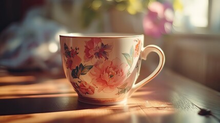 Elegant Teacup with Floral Design on Soft Satin Background