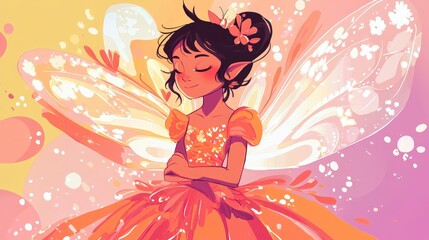 Obraz premium Enchanting Fairy with Colorful Wings in a Cheerful Setting