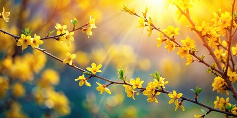 Obraz premium Spring Tree Branch Blooms, Yellow, colorful spring scene, Yellow, colorful spring scene