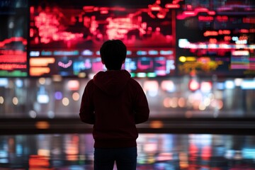 In a modern urban setting, an individual stands in front of a digital screen displaying graphs and maps, engaging with glowing data against a blurred cityscape backdrop