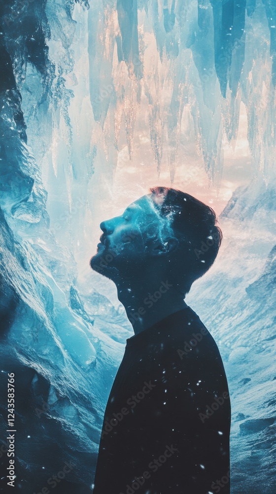 Poster surreal portrait of a man glowing amidst shimmering ice formations in a mystical cavern