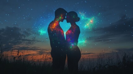 Surreal cosmic embrace of couples under a starry sky during dusk