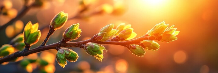 Vibrant Spring Green Freshly Unfurling Leaves Bathed in Warm, Backlit Sunlight on Branch