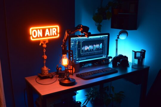 Live streaming setup, neon sign, home studio, night