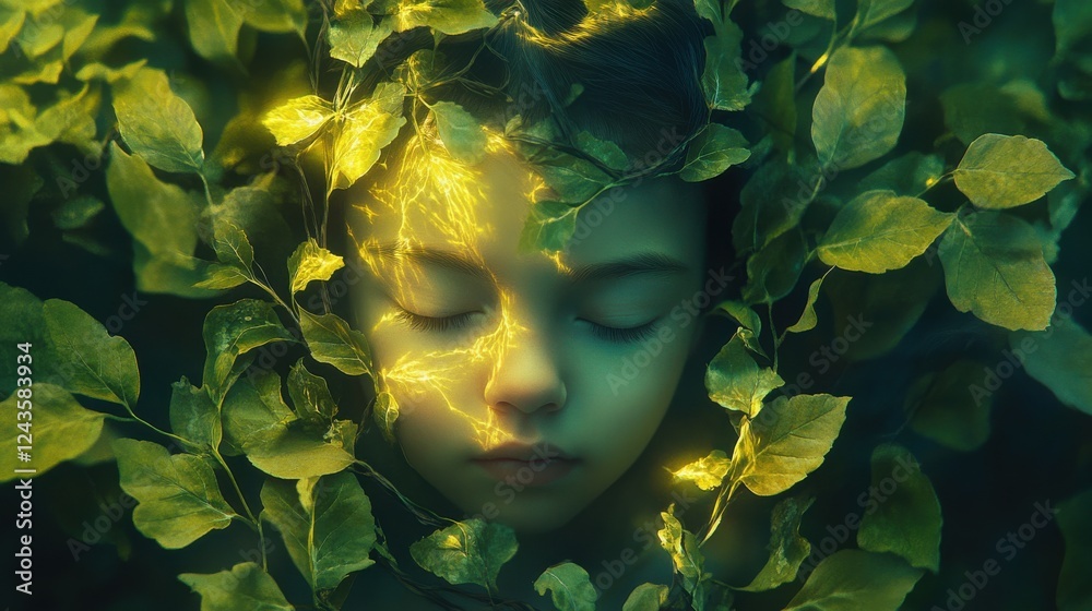 Poster Surreal portrait of a glowing child surrounded by vibrant green leaves in a mystical forest setting