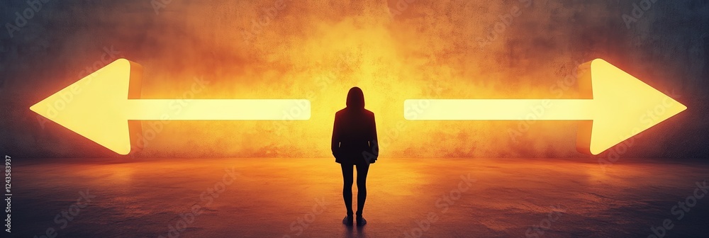 Poster businesswoman facing a challenging decision between two glowing arrows pointing in opposite directio