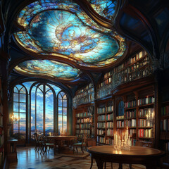 Obraz premium A fantasy library with ceiling bookshelves glowing in multicolored radiance, oak tables with candles, glass, and a blue sky above.