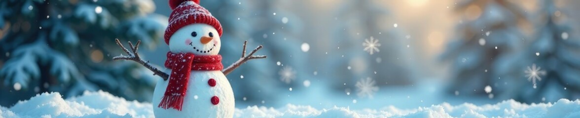 Snowman with Hello Winter Typography amidst falling snowflakes, cheerful, winter wonderland