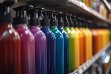 Vibrant household cleaning products line supermarket shelves, creating a visually appealing gradient arrangement with available space for text on the right side