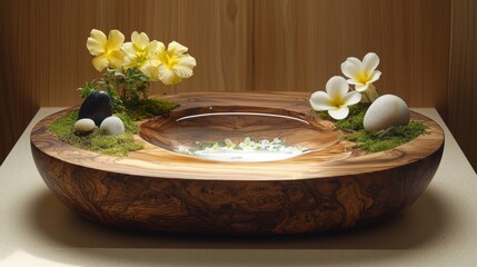 Cosmetically inspired natural background with a wood podium, flowers, moss, and stones on beige empty showcase, offering a serene, earthy vibe for showcasing eco-friendly beauty products.