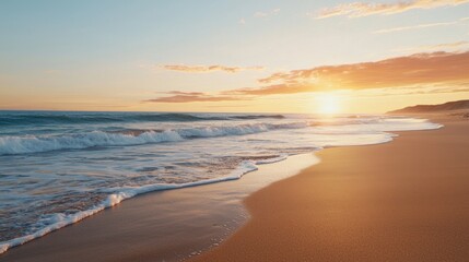 Obraz premium Serene Sunset Over Calm Waves on Sandy Beach Shoreline