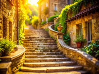 Obraz premium Old Stone Staircase, Charming Vintage Background, Tilt-Shift Miniature Effect