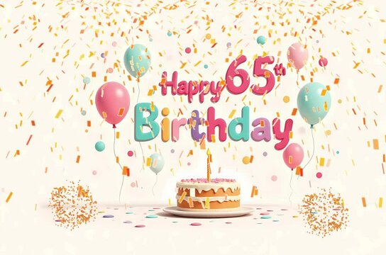 Animated 3D Happy 65th Birthday background video in pastel theme with floating balloons, lit candles, fireworks, and confetti shower
