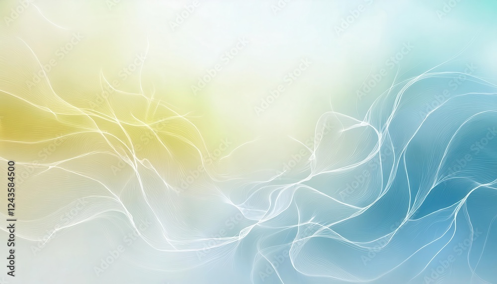 Poster ethereal flowing abstract waves with soft blue and golden hues, delicate line texture, perfect for b