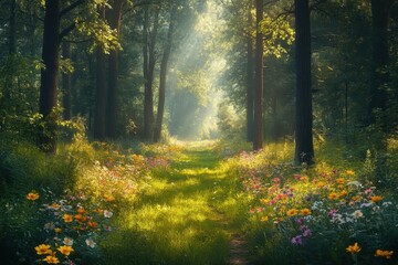 Obraz premium Sunlit Forest Pathway with Vibrant Wildflowers and Lush Greenery Creating a Serene and Peaceful Natural Landscape