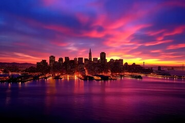 Fototapeta premium Stunning Sunset Over San Francisco City Skyline with Vibrant Colors and Reflective Water Surface