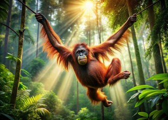 Naklejka premium Orangutan Rainforest Swinging Treetop Adventure Stock Photo