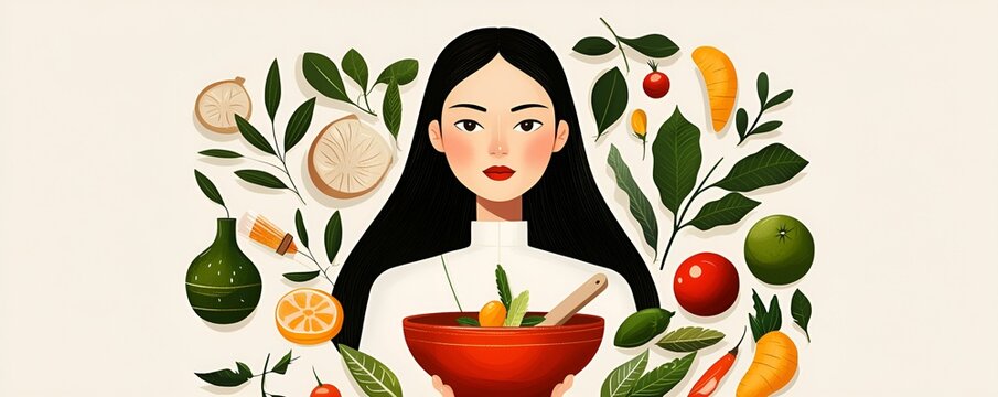 Health info tips concept. Illustration of a woman preparing food surrounded by various ingredients and plants.