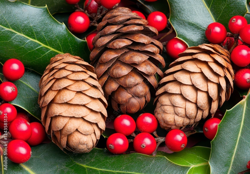 Canvas Prints Close up of three brown pine cones surrounded by red berries and green holly leaves. The image has a festive, wintery feel