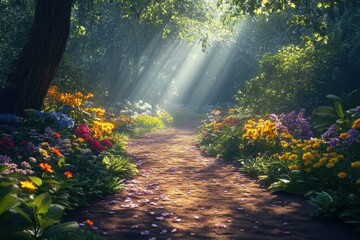 Obraz premium Sunlit Forest Pathway with Vibrant Wildflowers and Lush Greenery Creating a Serene and Enchanting Natural Landscape