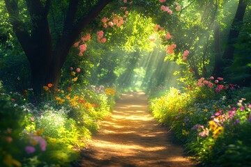Fototapeta premium Enchanting Forest Pathway Illuminated by Sunlight with Vibrant Flowers and Lush Greenery Creating a Serene and Magical Atmosphere