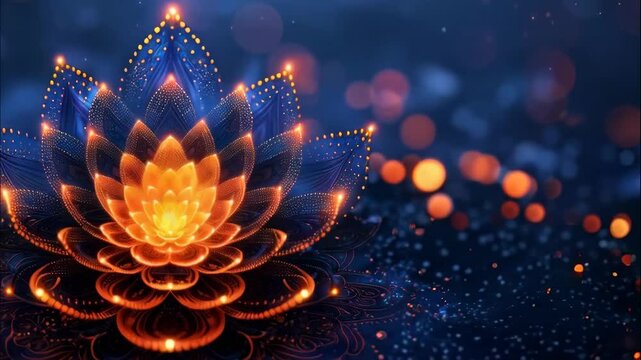 video animation golden shining lotus on a dark blue background. Festive background in Oriental Indian style. Religion, Kundalini, meditation, Diwali celebration, Gudi Pavda, Ugadi. Holiday banner, - Powered by Adobe
