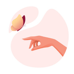 Butterfly flies and lands on a hand