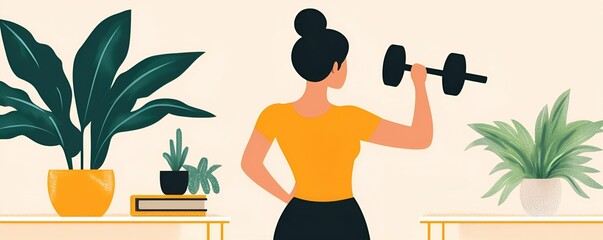 Health info tips concept. Woman exercising with a dumbbell in a stylish indoor space surrounded by plants.