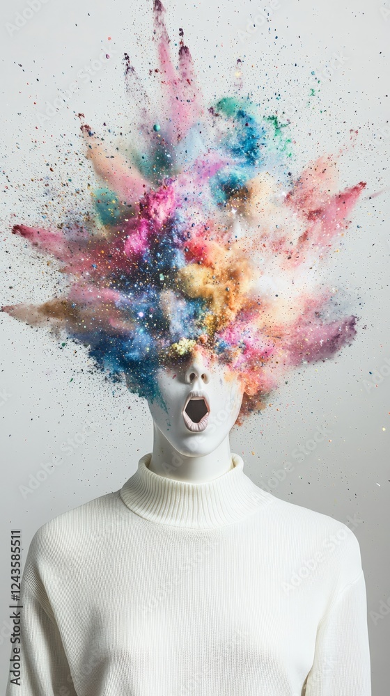 Aufkleber mannequin with an exploding head filled with vibrant, colorful powder represents the chaos of inform