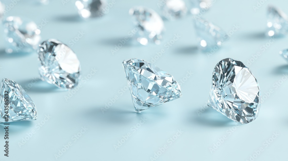 Poster Sparkling clear diamonds scattered on a sleek white surface create a stunning visual effect