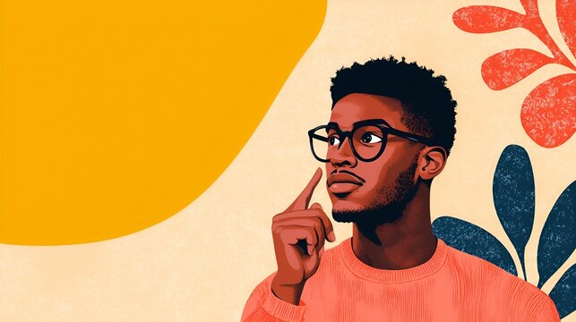 Health info tips concept. A thoughtful man in glasses poses against a colorful background with leaves and shapes.